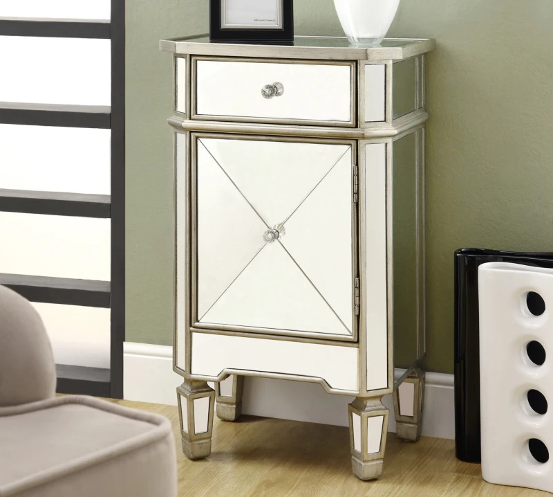Monarch 29" Contemporary Mirrored Accent Side End Table Chest with Storage Drawer - Brushed Silver Trim