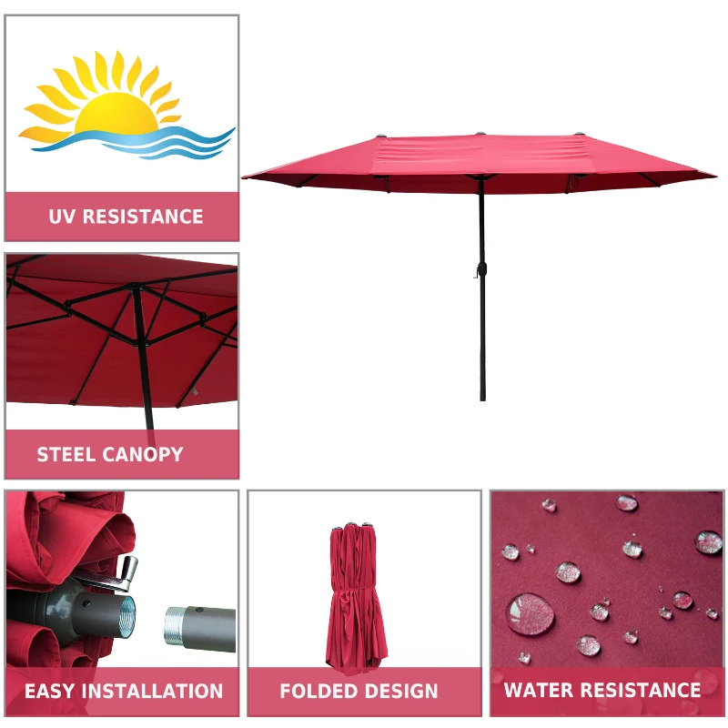 Outsunny 15ft Outdoor Twin Patio Umbrella Garden Double-Sided Market Parasol Sun Shelter with Crank Wine Red