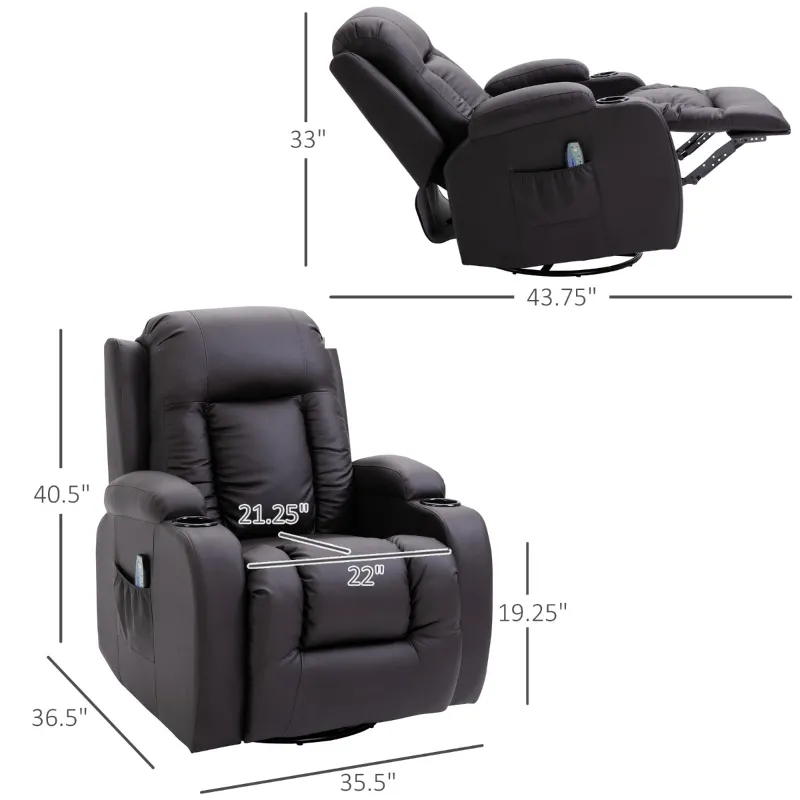 HOMCOM Luxury Faux Leather Heated Vibrating 8 Point Massage Recliner Chair with 360 Swivel and Remote, Dark Brown