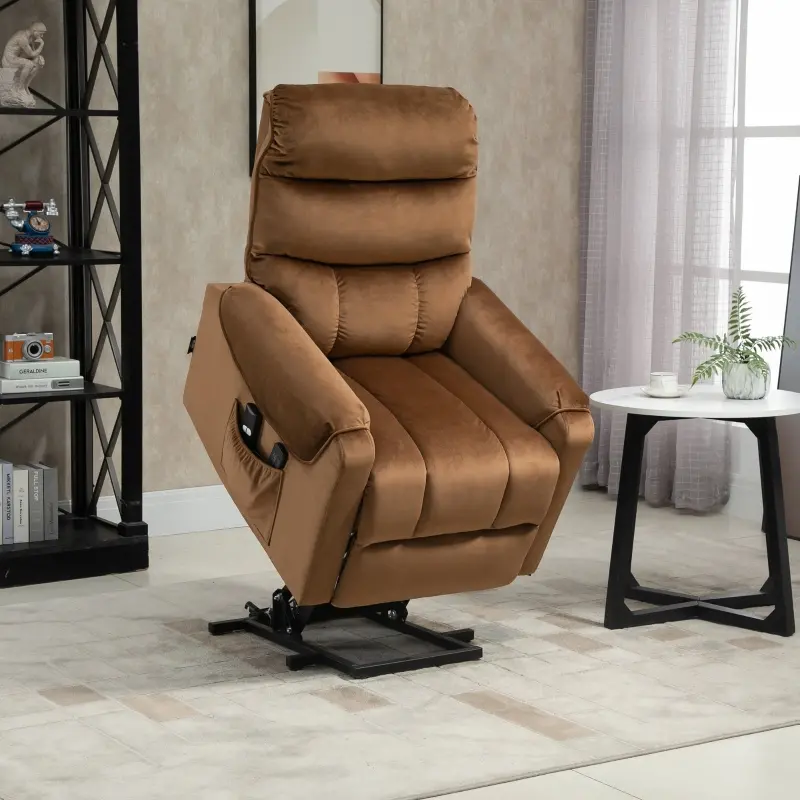 HOMCOM Power Lift Chair, Velvet Touch Upholstered Recliner Chair for Elderly with Vibration Massage, Remote Control, Side Pockets, Brown