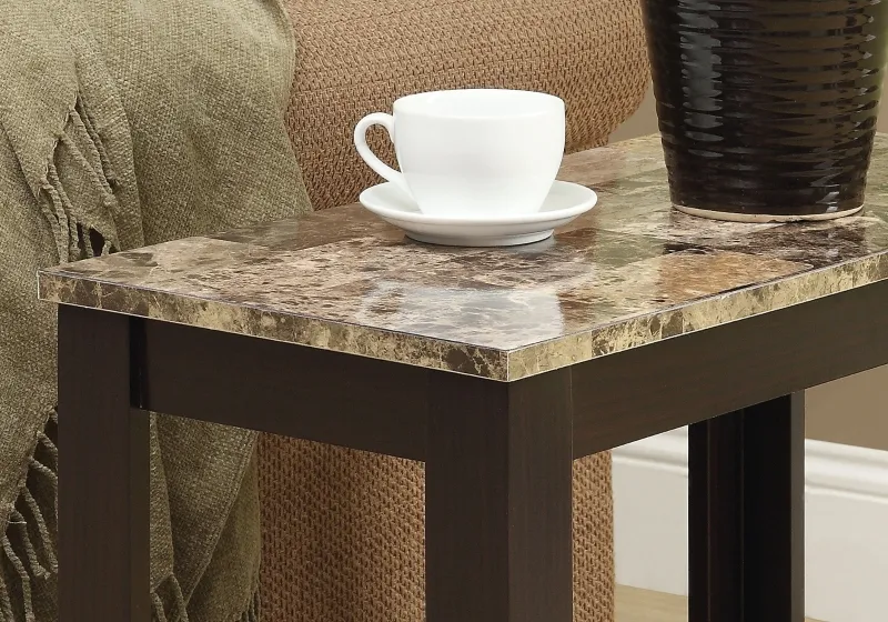 Monarch 22" Transitional Style Rectangular Marble-Look Top Wood Grain-Look Legs 2-Tier Side Accent End Table - Cappuccino Brown Finish