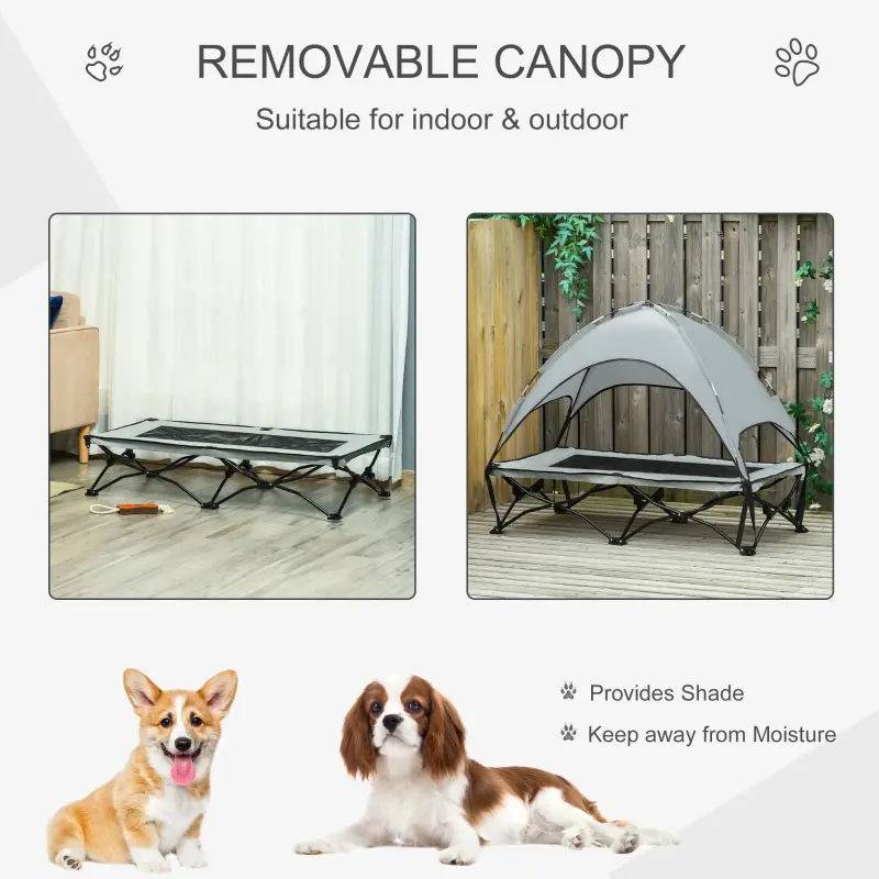 PawHut 46" Elevated Ventilated Cooling Pet Dog Bed w/ Canopy Shade Cover, Travel Bag, Silver