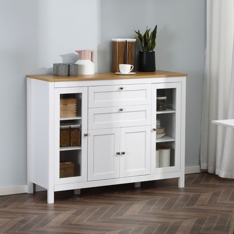 HOMCOM Modern Buffet Cabinet Sideboard with Storage Cupboard Glass Doors and Adjustable Shelves for Kitchen Living Room Oak White