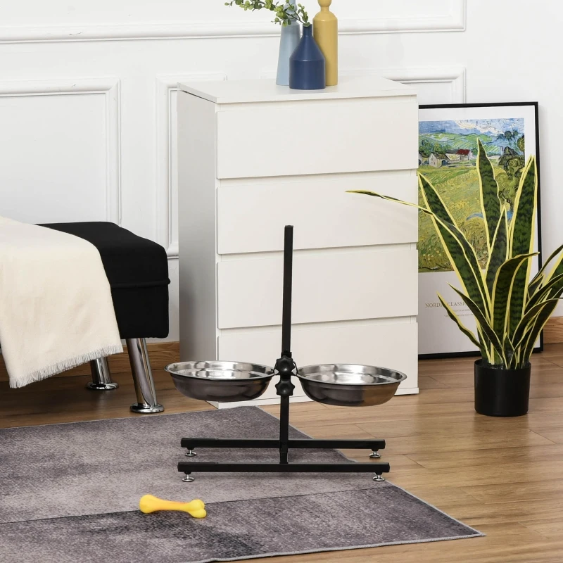 PawHut Adjustable Elevated Dog Bowls, Stainless Steel Dog Double Bowls with H-Base Raised Bowl Stand for Dogs Cats, 22.5"H