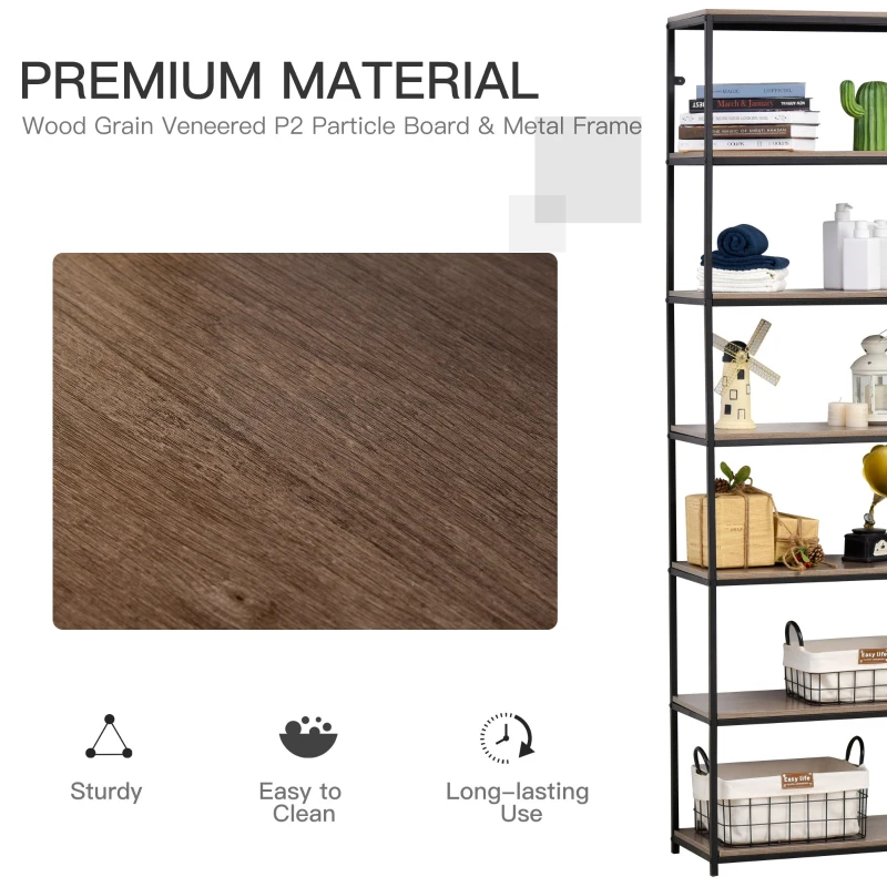 HOMCOM Modern 7 Tier Bookshelf Bookcase Utility Storage Shelf Organizer for Home Office with Display Rack Metal Frame, Grey Oak