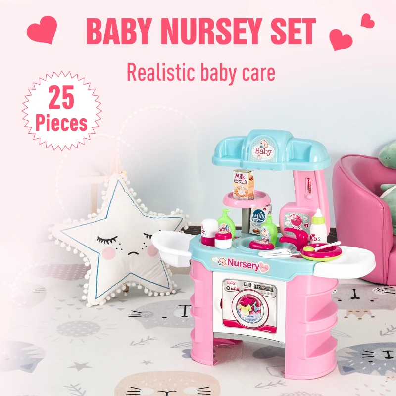 Qaba Baby Doll Bath Playset Kids Baby Nursery Set with Accessories for Boys Girls Ages 3-6 Years Pretend Play Set for Children Blue Pink