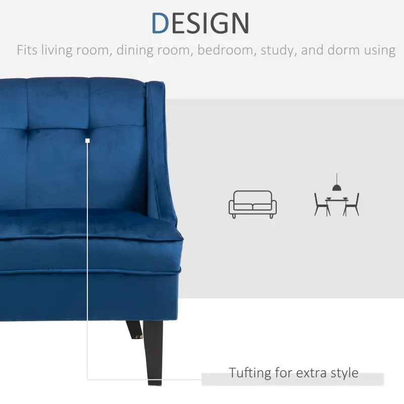 HOMCOM Upholstered Accent Chair Modern Winged Tufted Contemporary Single Sofa Chair with Rubber Wood Legs, Thick Padding Mid-Back, and Wings for Living Room Bedroom, Blue