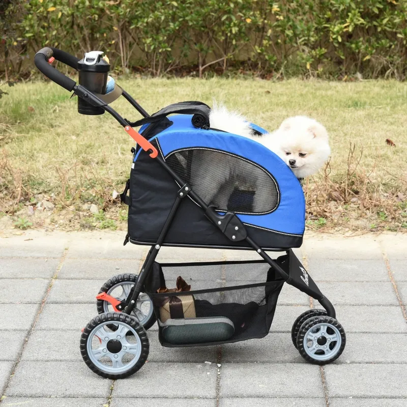 PawHut Pet Stroller Foldable Dog Cat Travel Carriage 5 In 1 Design Carrying Shoulder Bag Backpack Stroller Luggage with Universal Wheel Canopy Basket Cup Holder Blue