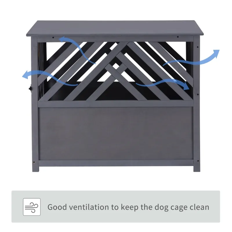 PawHut Furniture Style Wood Dog Crate End Table Decorative Dog Cage Kennel Lattice Night Stand with Lockable Door, Indoor Use, Grey
