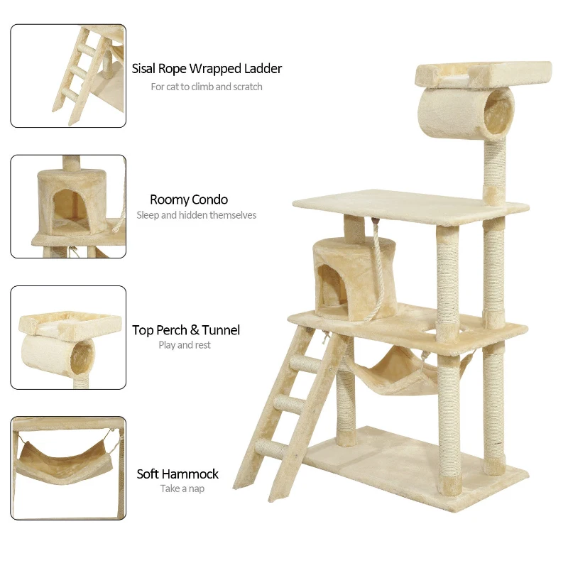 Pawhut 55Inch Cat Climbing Tree Condo Kitten Scratching Post Sisal Activity Center Beige