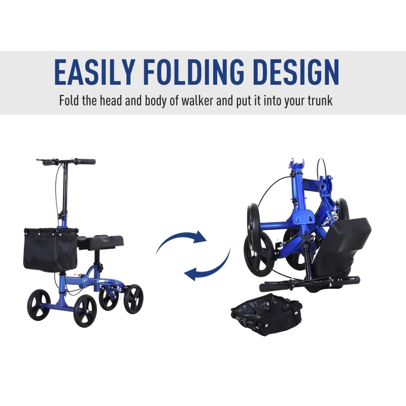 HOMCOM Foldable Dual Pad Steerable Leg Knee Walker Scooter with Basket Attachment - Blue