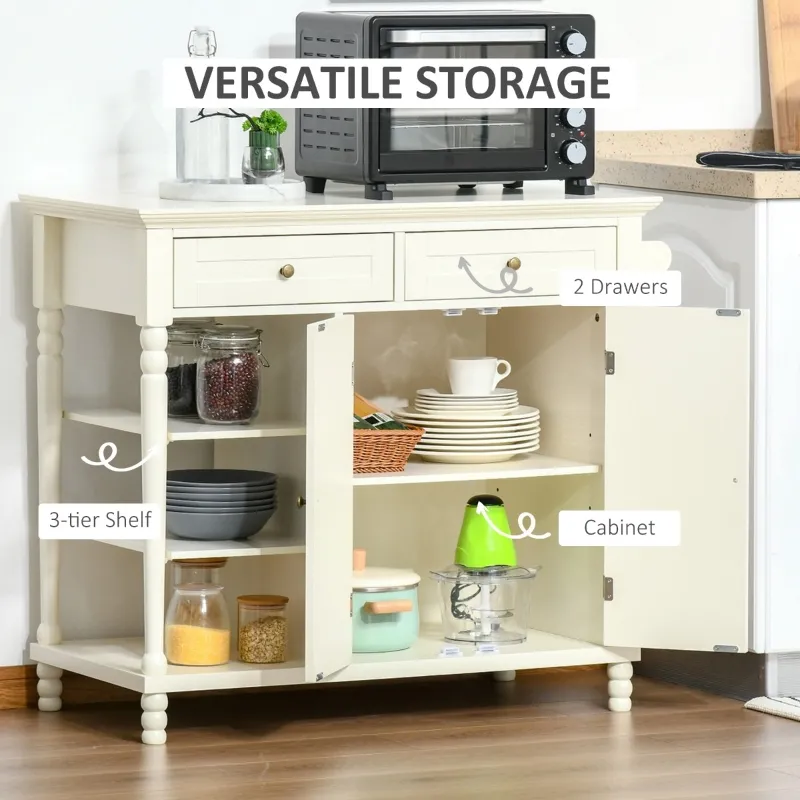 HOMCOM Vintage Kitchen Island with 3-Tier Open Shelving, Storage Cabinet with Drawers & Wood Legs, Adjustable Shelf for Living Room, Coffee Bar, White