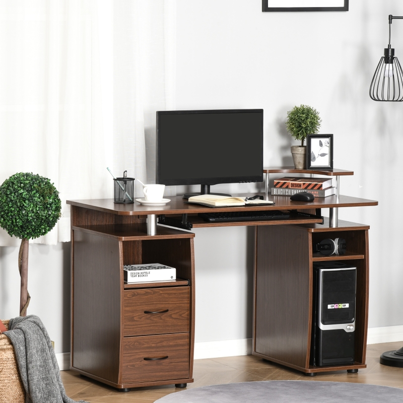 HOMCOM Computer Desk with Keyboard Tray, CPU Stand, Writing Desk with Drawers, Workstation for Home Office, Walnut Brown