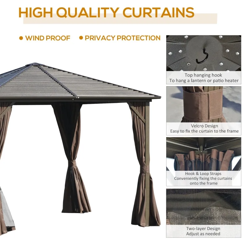 Outsunny 10' x 10' Hardtop Gazebo with Curtains and Netting, Permanent Pavilion Metal Roof Gazebo Canopy with Aluminum Frame, for Garden, Patio, Backyard, Deck, Dark Brown