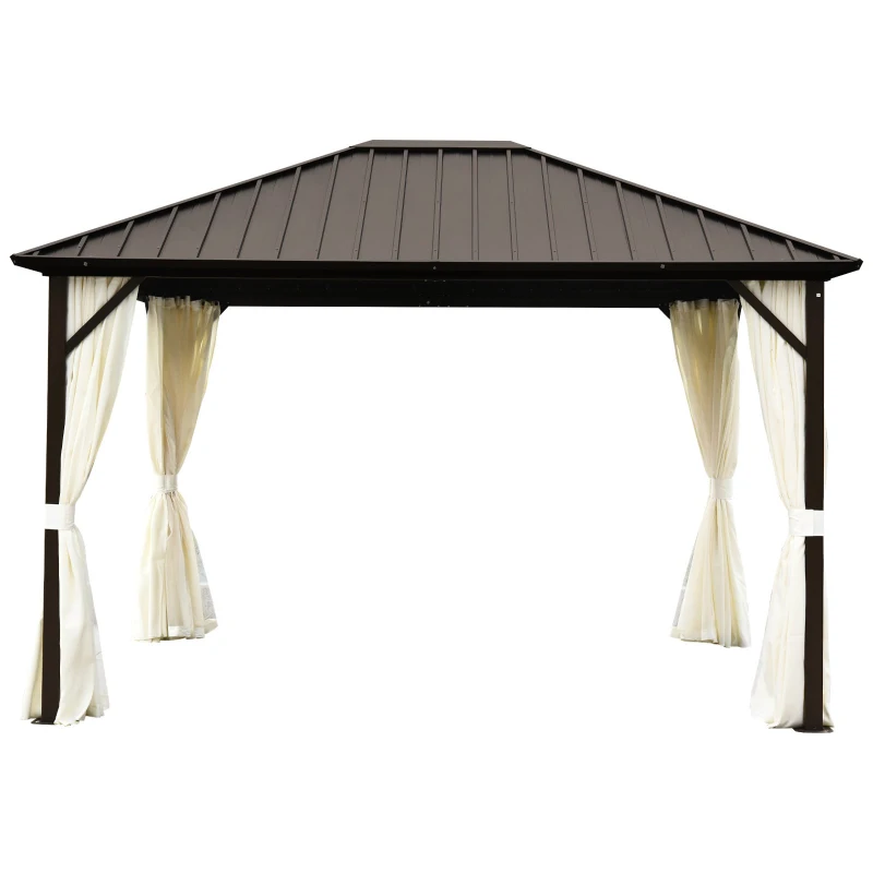 Outsunny 10' x 12' Hardtop Patio Deluxe Steel Gazebo Garden Sun Shelter Aluminum Frame Heavy Duty Outdoor Hardroof Pavilion with Curtains and Netting Beige