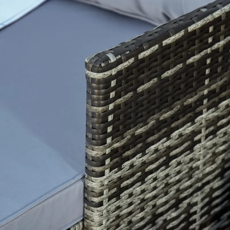 Outsunny 3 Piece Patio Furniture Set, Rattan Outdoor Sofa Set with Chaise Lounge & Loveseat, Soft Cushions, Tempered Glass Table, L-Shaped Sectional Couch, Light Gray