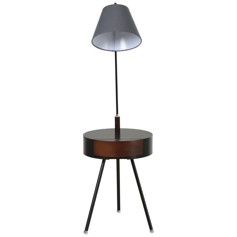 HOMCOM Multifunctional Floor Lamp with Table Standing Lamp 2-in-1 E26 Rubber Wood Steel