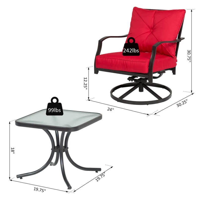 Outsunny 3pcs Outdoor 360° Swivel Metal Rocking Chair with Toughened Glass Coffee Table Set Garden Rocker & Tea Table Set w/ Cushion Red
