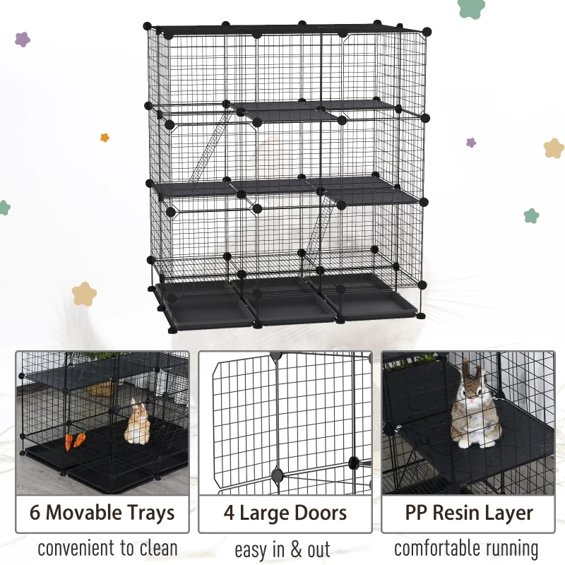 PawHut DIY Pet Playpen Wire Rabbit Cage for Kitten, Chinchillas & Small Animals with 6 Independent Trays - Black