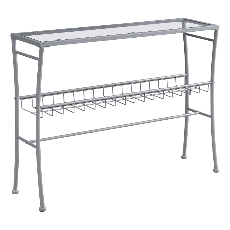 Monarch 42" Contemporary Tempered Glass Top 2-Tier Metal Framed Wire Shelf Accent Console Table - Silver Finish