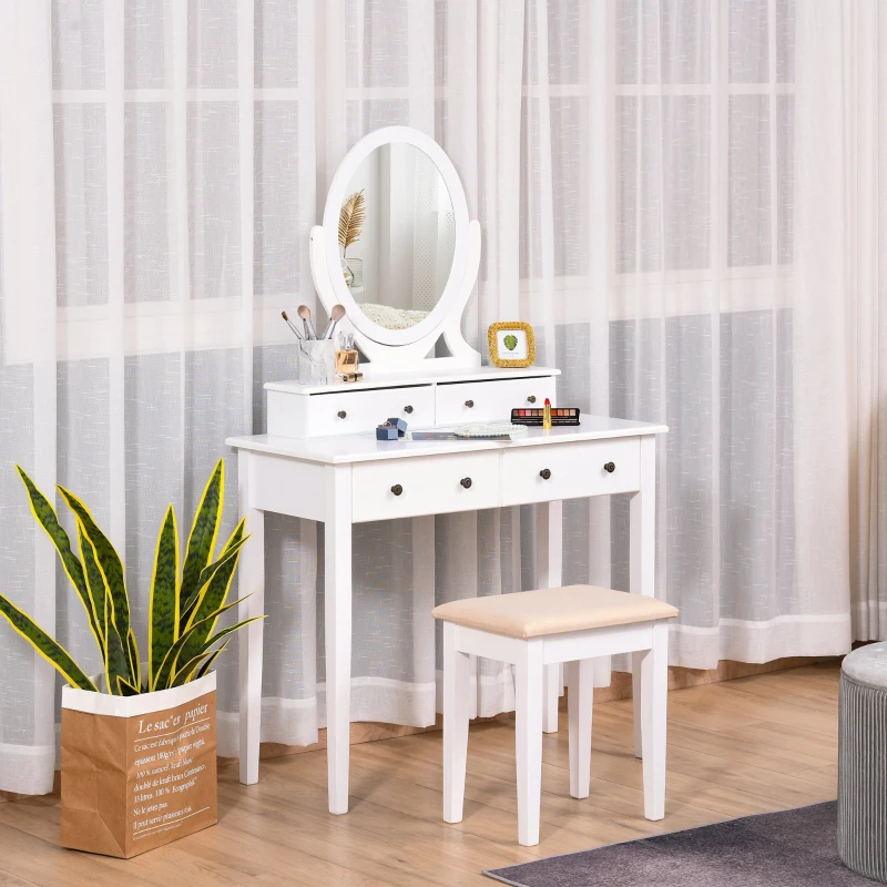 HOMCOM Vanity Dressing Table with 360° Rotating Mirror and Cushioned Stool, Makeup Desk Dresser with 4 Drawers, White
