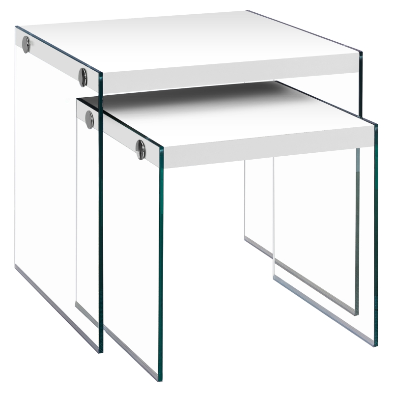 Monarch Modern 2 Piece Tempered Glass Frame Accent Side Nesting Table Set - Glossy White Finish