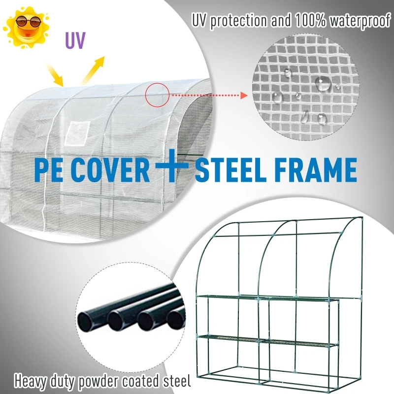 Outsunny 10' x 5' x 7' Lean to Greenhouse, Walk-In Wall Green House Plant Nursery with 2 Roll-up Doors and Window, PE Cover and 3 Wire Shelves, White