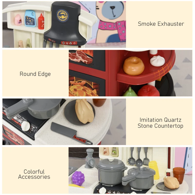 Qaba Kids Kitchen Playset with Simulation of Spray, 52-Piece Toy Kitchen Set, Pretend Play Game Sink with Real Running Water, Ages 3-6