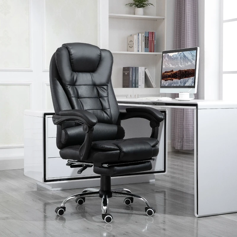 HOMCOM High Back Ergonomic Executive Office Chair, PU Leather Computer Chair with Retractable Footrest, Lumbar Support, Padded Headrest and Armrest, Black