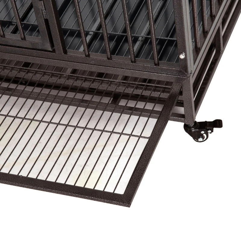 PawHut 42" Heavy Duty Dog Crate Metal Cage Kennel with Lockable Wheels, Double Door and Removable Tray, Brown