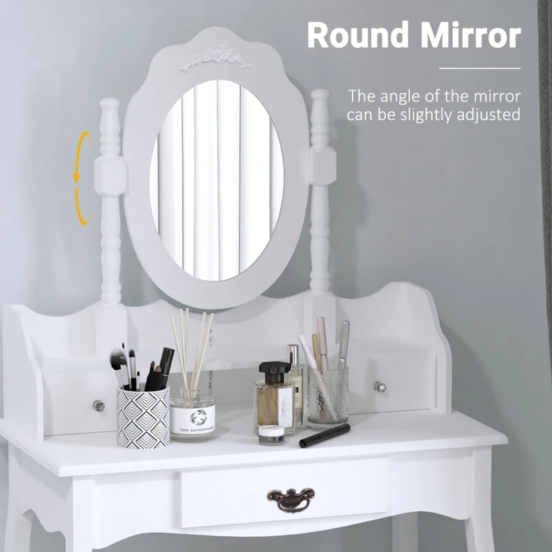 HOMCOM Vanity Table Set with Mirror and 3 Drawers, 360° Rotatable Wooden Makeup Dressing Table with Large Padded Stool, Gift for Women Girls, White