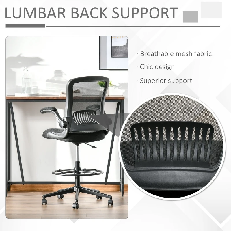 Vinsetto Tall Drafting Desk Chair Computer Desk Home Office Mesh Standing Chair with Mid Back, Foot Ring, Flip-up Arm, 360° Swivel Wheels, Black