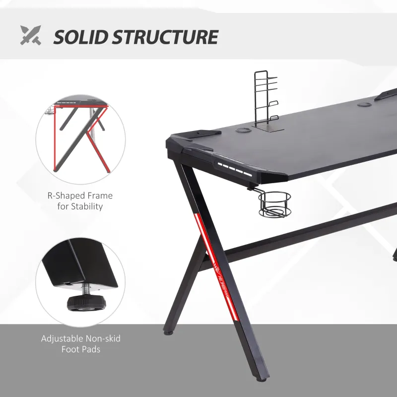 HOMCOM 47.25" Gaming Desk Racing Style Computer Table with LED Light Cup Gamepad Holder Headphone Hook Cable Management E-sport Study Workstation, Black