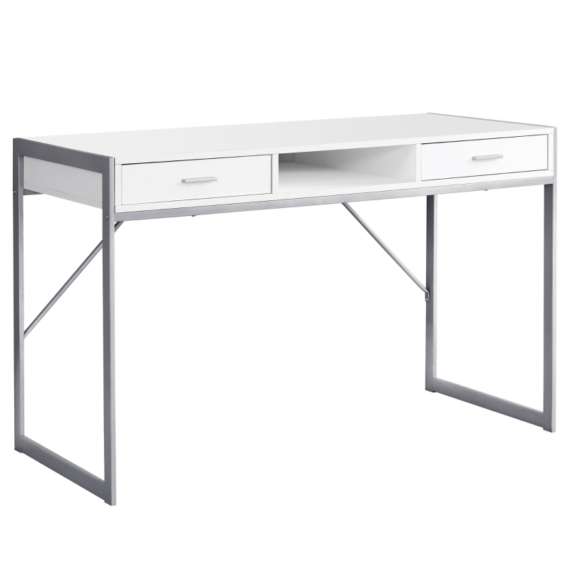 Monarch 48" Contemporary Compact Open Concept Computer Writing Desk with Drawers - White / Silver