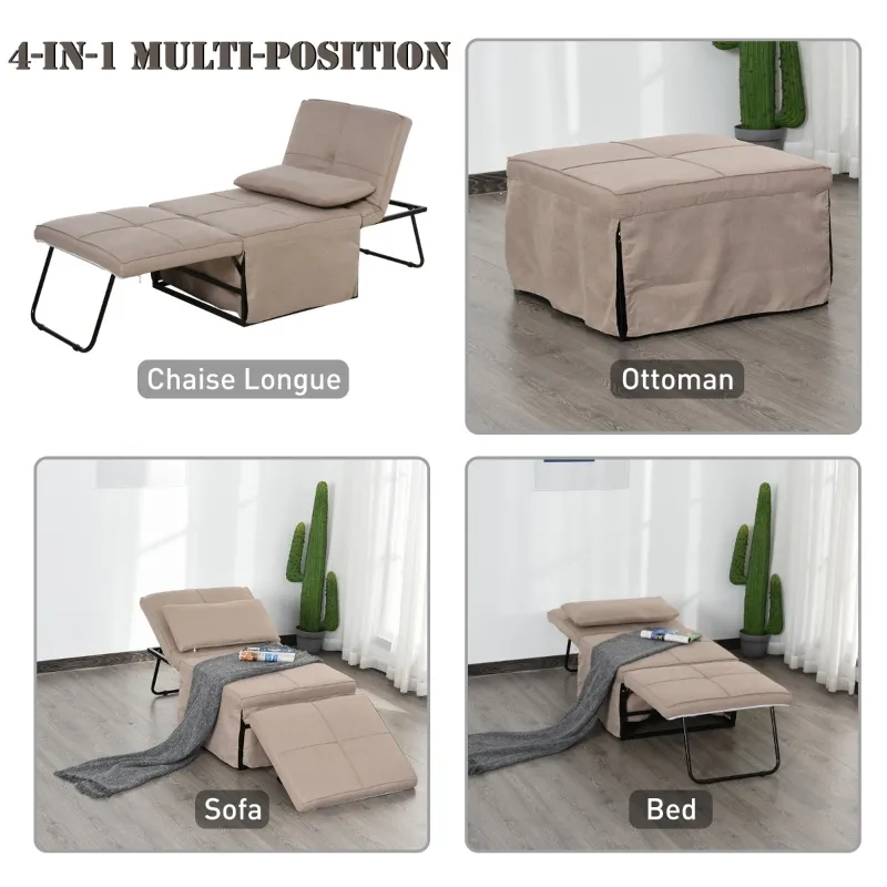 HOMCOM 4-in-1 Multi Function Folding Single Sofa Bed with Retractable Footrest, Convertible Sleeper with Adjustable Backrest For Living Room and Small Spaces, Light Coffee