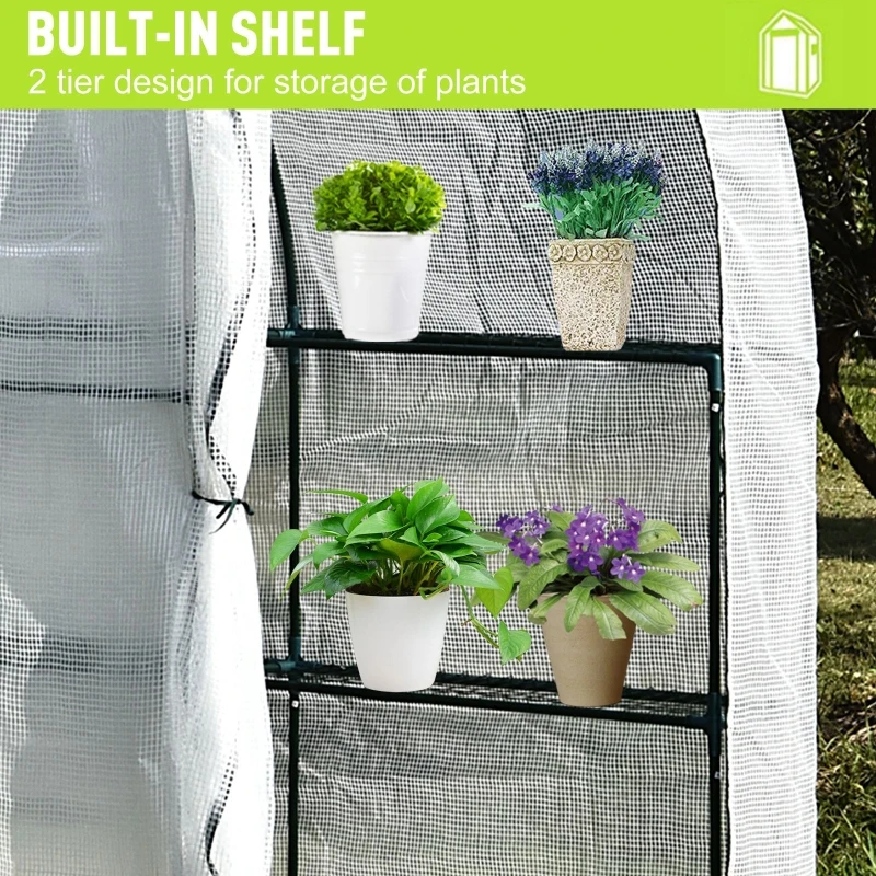 Outsunny 10' x 5' x 7' Lean to Greenhouse, Walk-In Wall Green House Plant Nursery with 2 Roll-up Doors and Window, PE Cover and 3 Wire Shelves, White