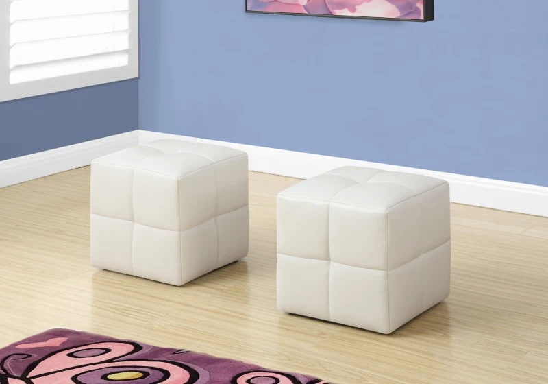 Monarch Two Piece Kids' Padded Upholstered Ottoman Set - White Leather-Look