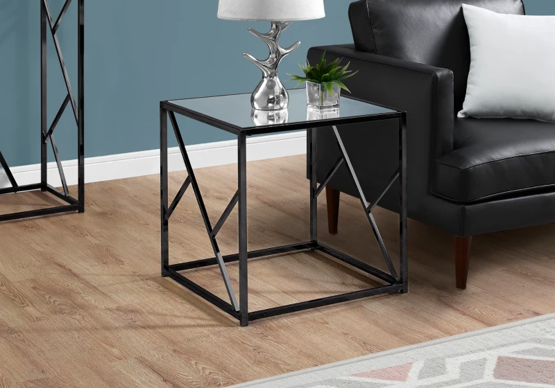 Monarch 22" Minimalist Glam Mirrored Top Metal Frame Accent Side End Table - Black Nickel Finish