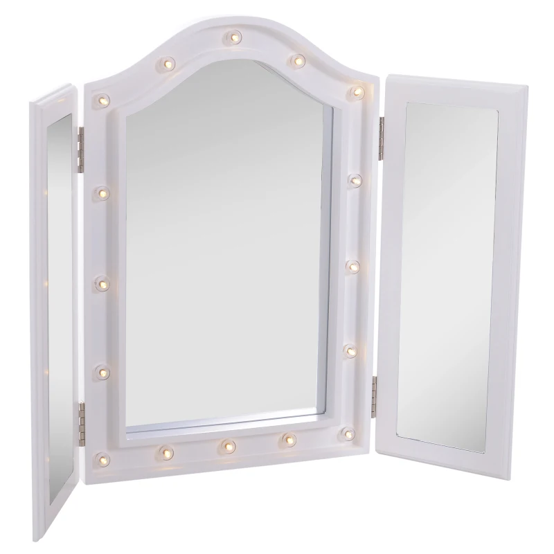 HOMCOM Lighted Tabletop Tri-Fold Vanity Mirror w/ LED Lights White