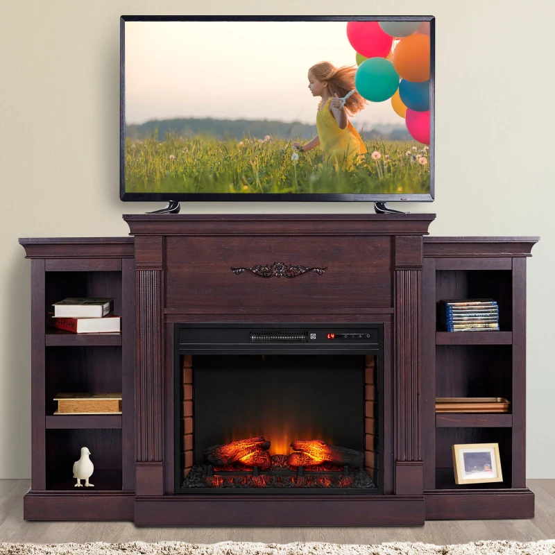 HOMCOM 70" W x 15.75" H Electric Fireplace Mantel TV Stand, Media Console Center Cabinet with 6 Shelves and Remote Control, Dark Brown