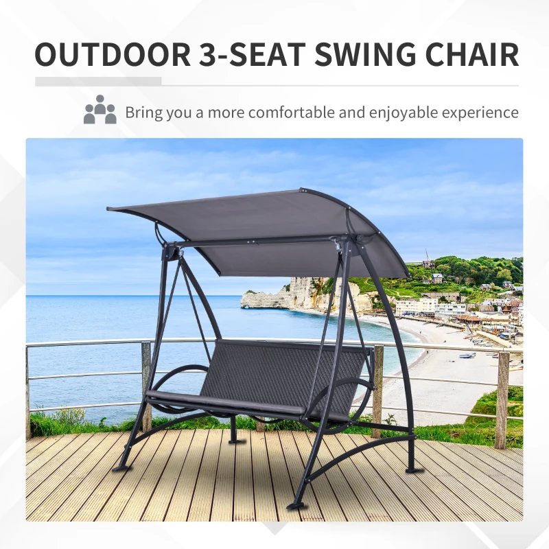 Outsunny 3 Person Rattan Swing Chair Garden Swing Bench Outdoor Hanging Porch Swing w/ Adjustable Canopy, Cushion, Steel Frame, Grey