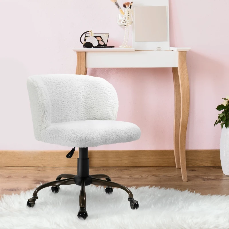 HOMCOM Faux Fur Home Office Chair, Accent Swivel Desk Chair, Makeup Vanity Seat with Adjustable Height, White