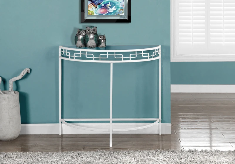 Monarch 36" Contemporary Tempered Glass Top Half-Round Metal Framed Accent Console Table - White Finish