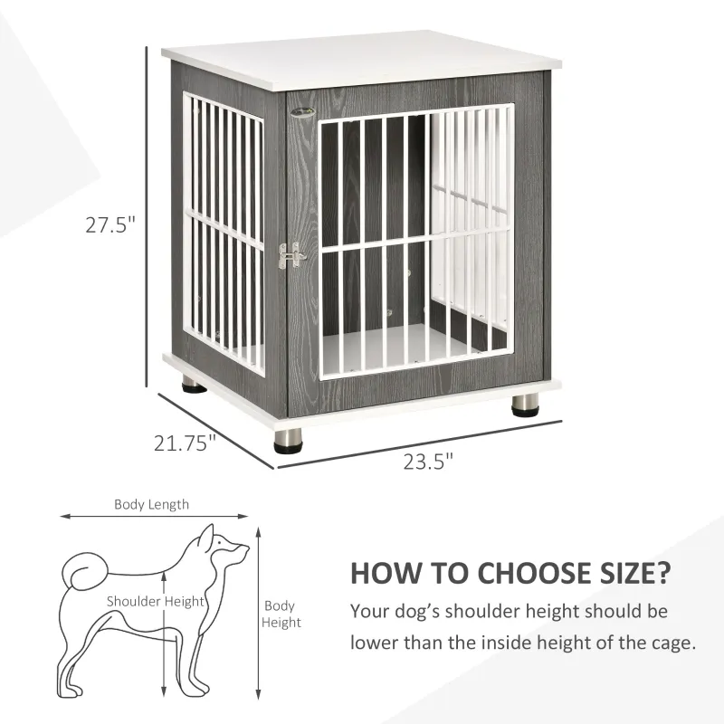 PawHut Dog Crate, Pet Cage Kennel, End Table Furniture Style, Indoor Decorative Dog House, with Wooden Top, Adjustable Feet, for Small Dogs, Grey
