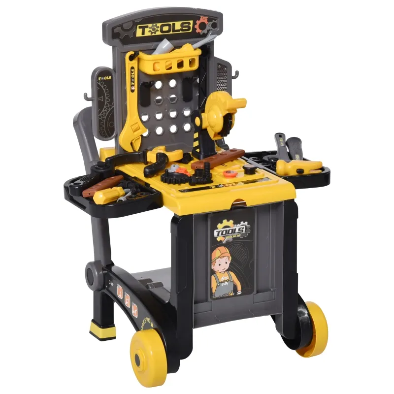 Qaba Workbench Set Pretend Play Toy with Realistic Tools 3-in-1 Design Suitcase Cart with 60 Pcs Accessories for Girls and Boys 3 to 6 Years Old Yellow