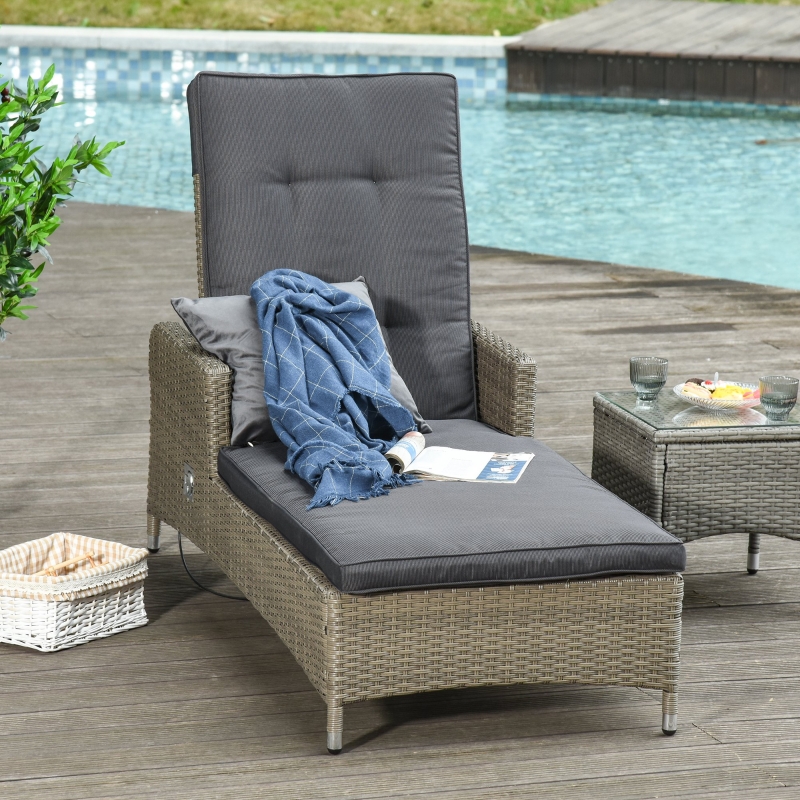 Outsunny Patio PE Rattan Wicker Chaise Lounge Chair Outdoor 5-Position Adjustable Recliner Lounge Furniture w/ Cushion for Garden Poolside Balcony Deep Grey