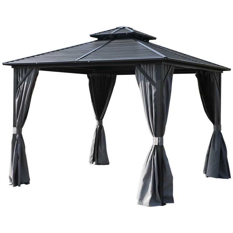 Outsunny 10' x 10' Steel Hardtop Gazebo Garden Sun Shelter with Mosquito Netting and Curtains Hanging Hook Aluminum Frame