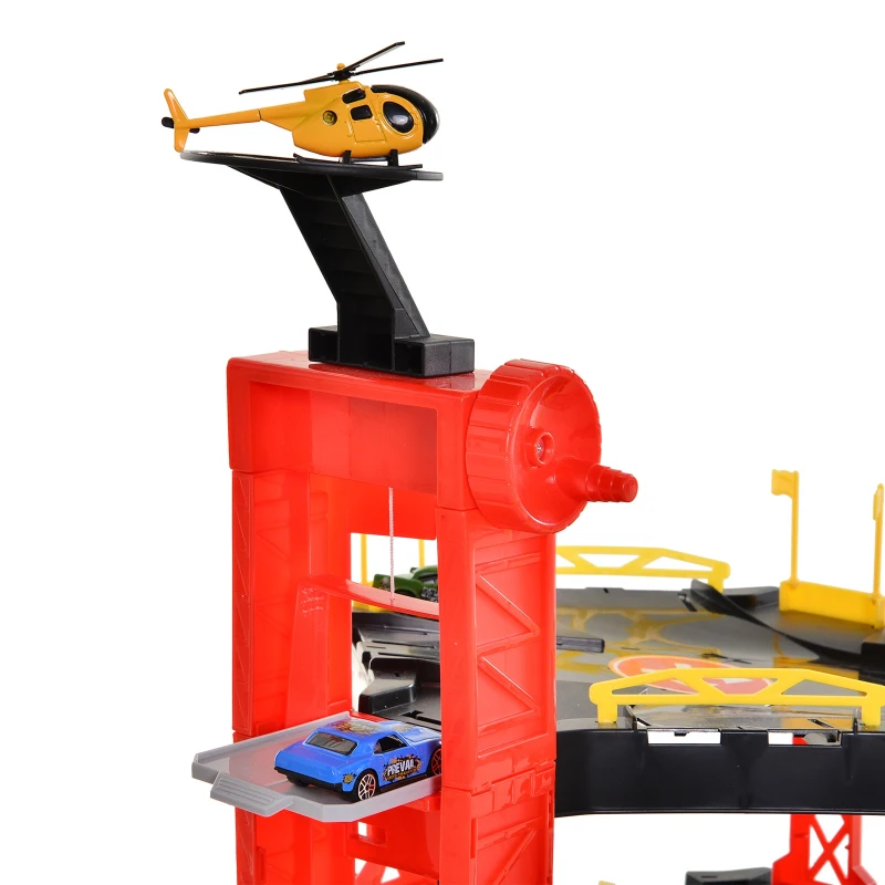 Qaba 3-Level Parking Garage Toy Car Playset with Racetrack, Helicopter Ramp, Elevator, and Cars for Boys and Girls