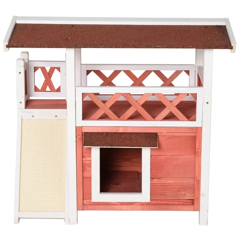 PawHut Outdoor Cat House Wooden Feral Cat Shelter, 2-Story Kitten Condo with Sisal Ramp, Weatherproof Roof and Balcony, Red