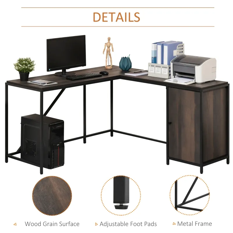 HOMCOM L-Shaped Computer Corner Desk with Storage Cabinet, Adjustable Shelf, Large Tabletop and Black Steel Frame, Brown